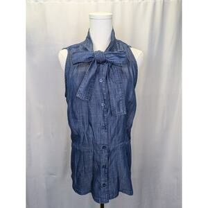 Liz Claiborne Chambray Top Women's Large Sleeveless Bow Neck Button Down Blouse